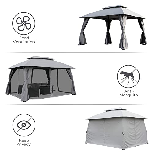 Grand Patio 10x13 Gazebo Double Soft Top All-Weather Canopy Anti-UV Shelter with Privacy Curtains and Netting for Patio, Deck, Backyard, Garden, Lawns