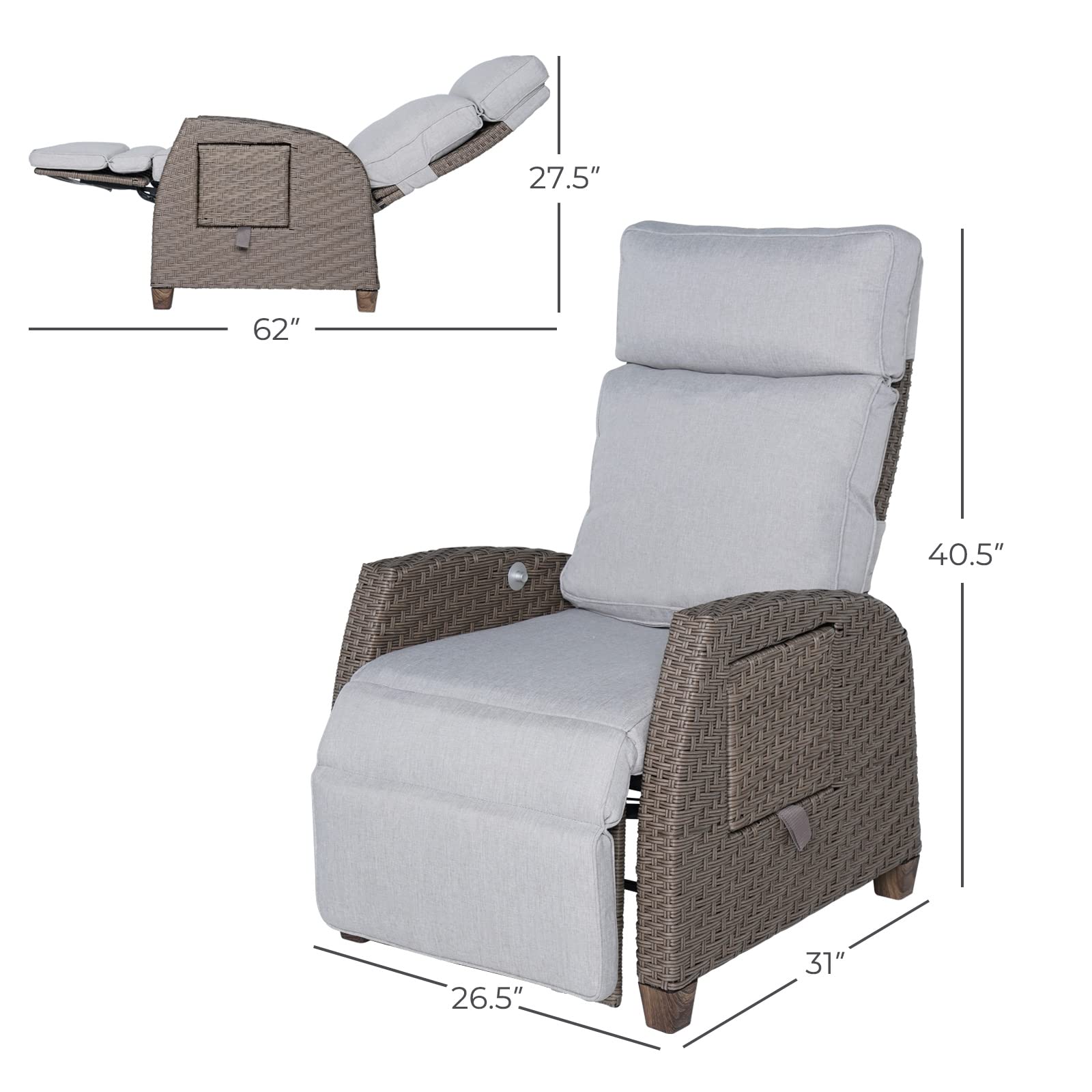 Grand patio Indoor & Outdoor 2-Piece Reclining Chairs with Extended Footrest, PE Wicker, Adjustable Patio Lounge Recliner up to 150ยฐ, with Flip Side Table - Mist Grey