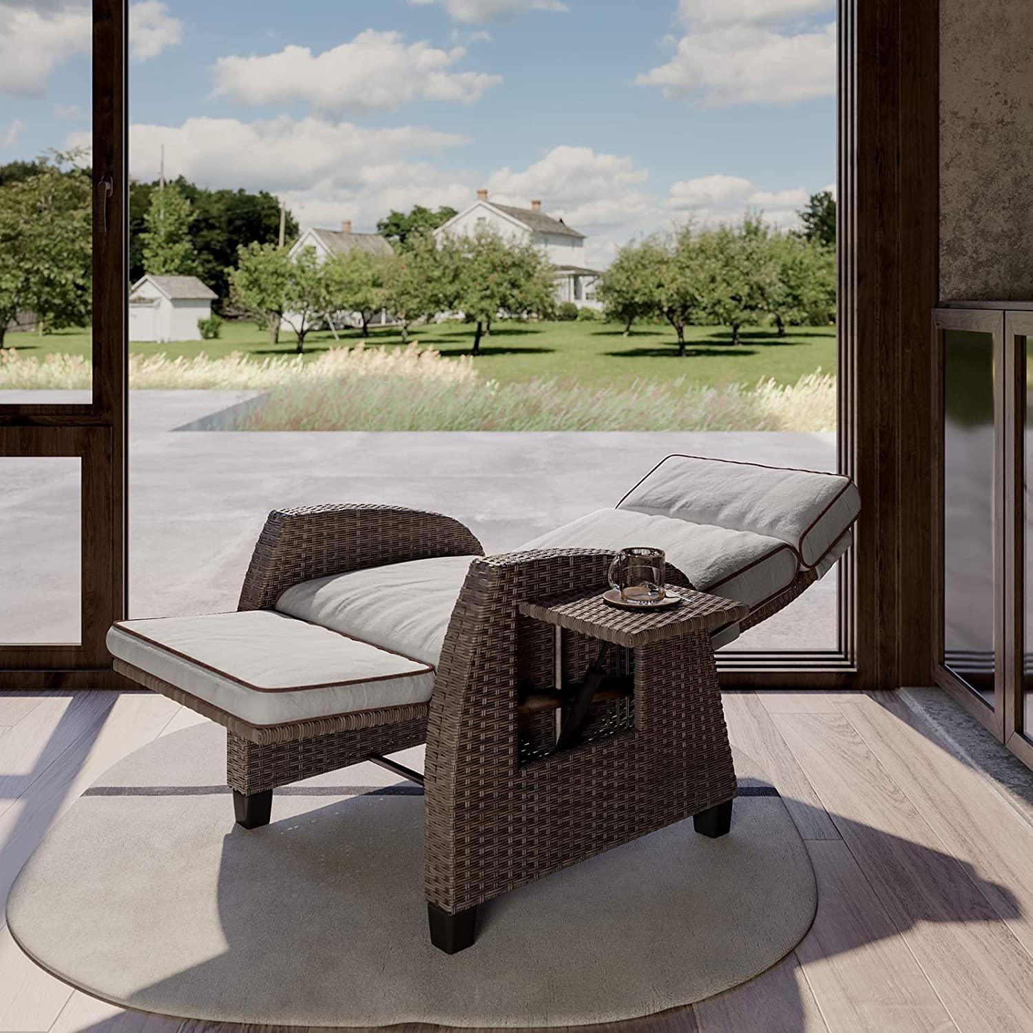 Grand patio Outdoor Recliners Set of 2 Patio Recliner Chair, All-Weather Wicker Lay Flat Reclining Patio Chairs, Flip-up Side Table, Recliner Chair, Griege