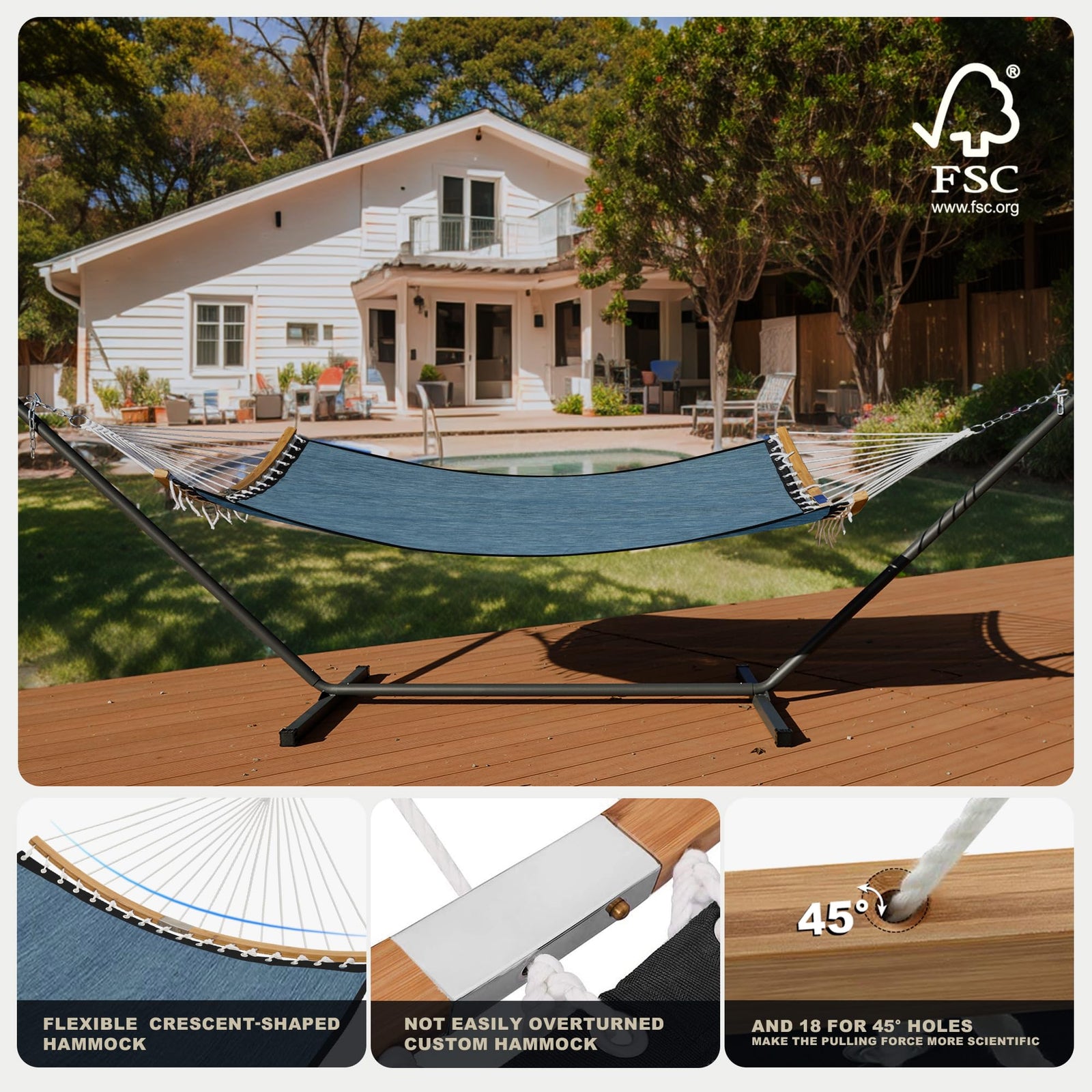 Patio Watcher 14 FT Double Hammock with Curved-Bar Bamboo, Outside Quick Dry Two Person Hammock with Olefin Fabric,Comfortable, Weather-Resistant,450 lbs Capacity, Dark Blue