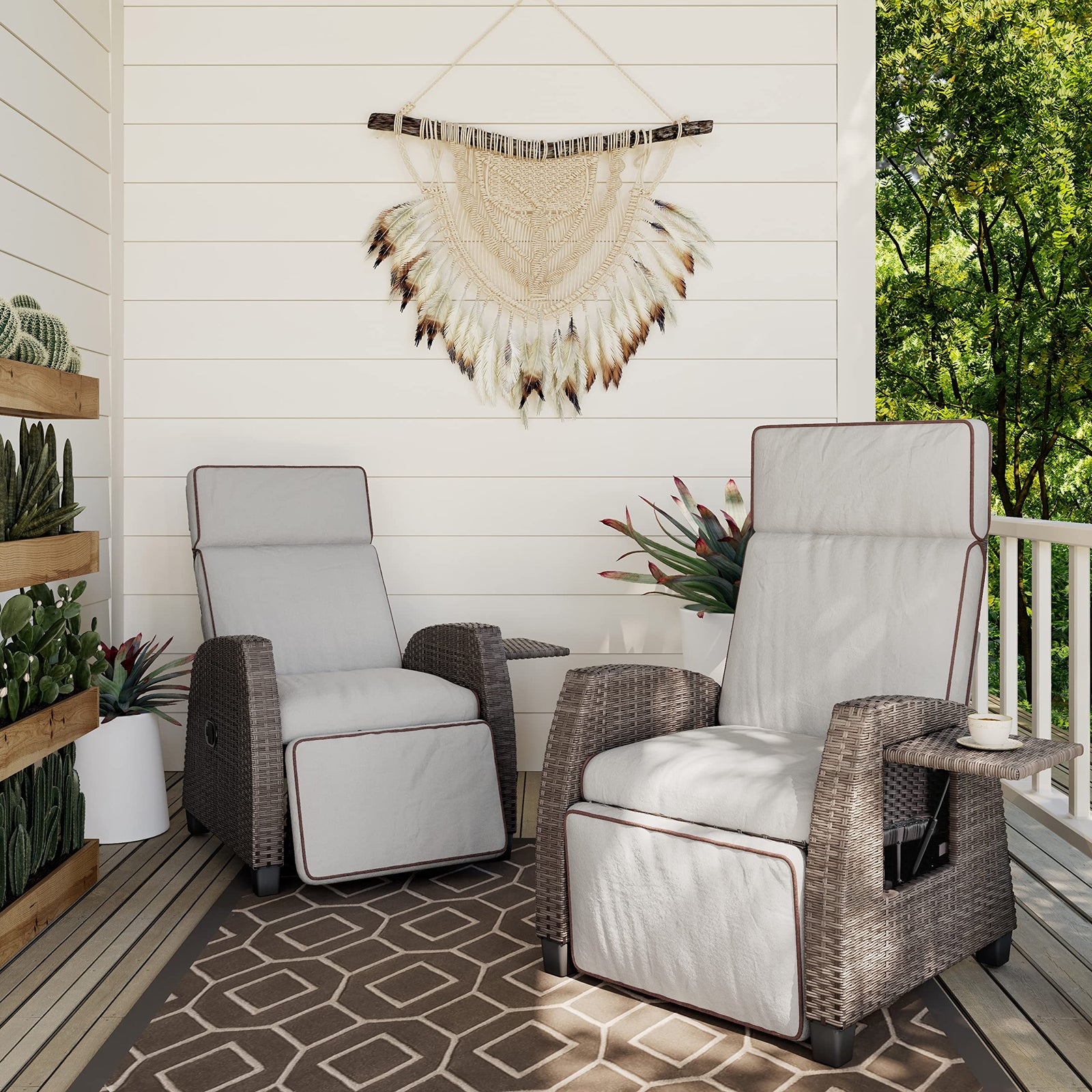 Grand patio Outdoor Recliners Set of 2 Patio Recliner Chair, All-Weather Wicker Lay Flat Reclining Patio Chairs, Flip-up Side Table, Recliner Chair, Griege