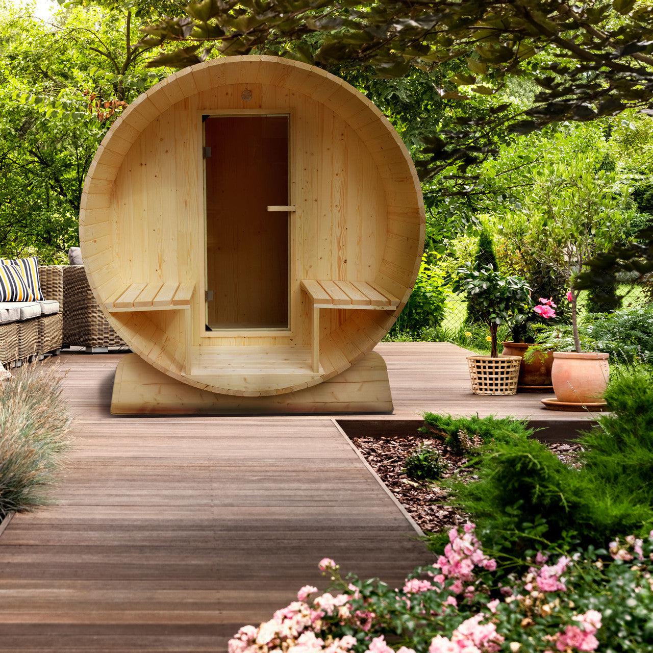 ALEKO Outdoor or Indoor 5 Person White Finland Pine Wet Dry Barrel Sauna With Front Porch Canopy - With Heater - SB5PINECP-AP - Purely Relaxation