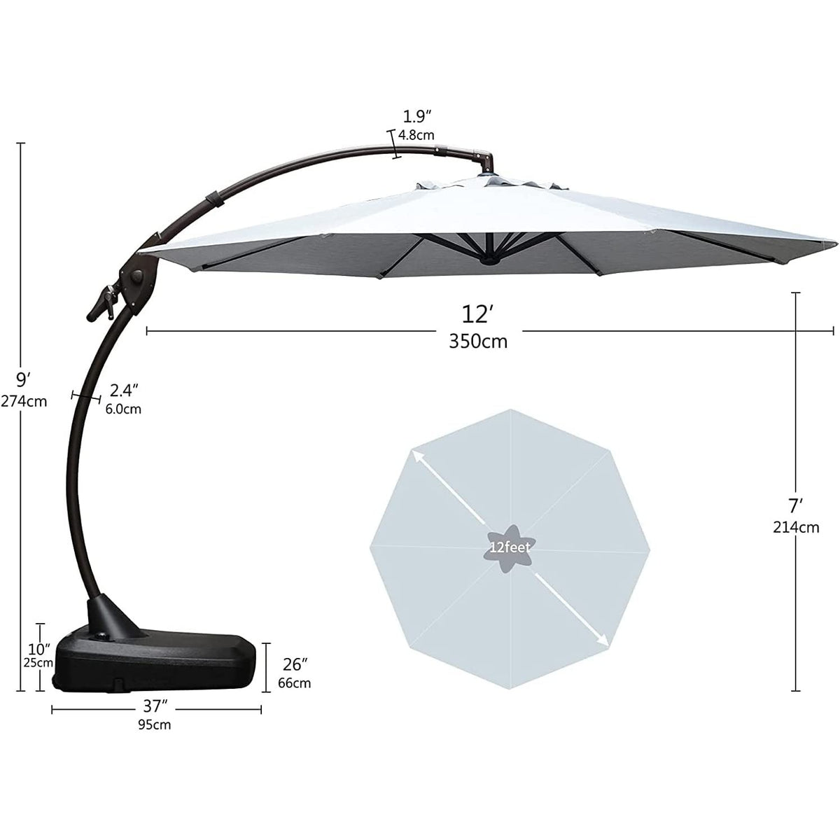 Grand patio Outdoor 12 FT Offset Cantilever Sunbrella Umbrella, Patio Aluminum Curvy Umbrella with Weighted Base (Canvas Granite, 12 FT)