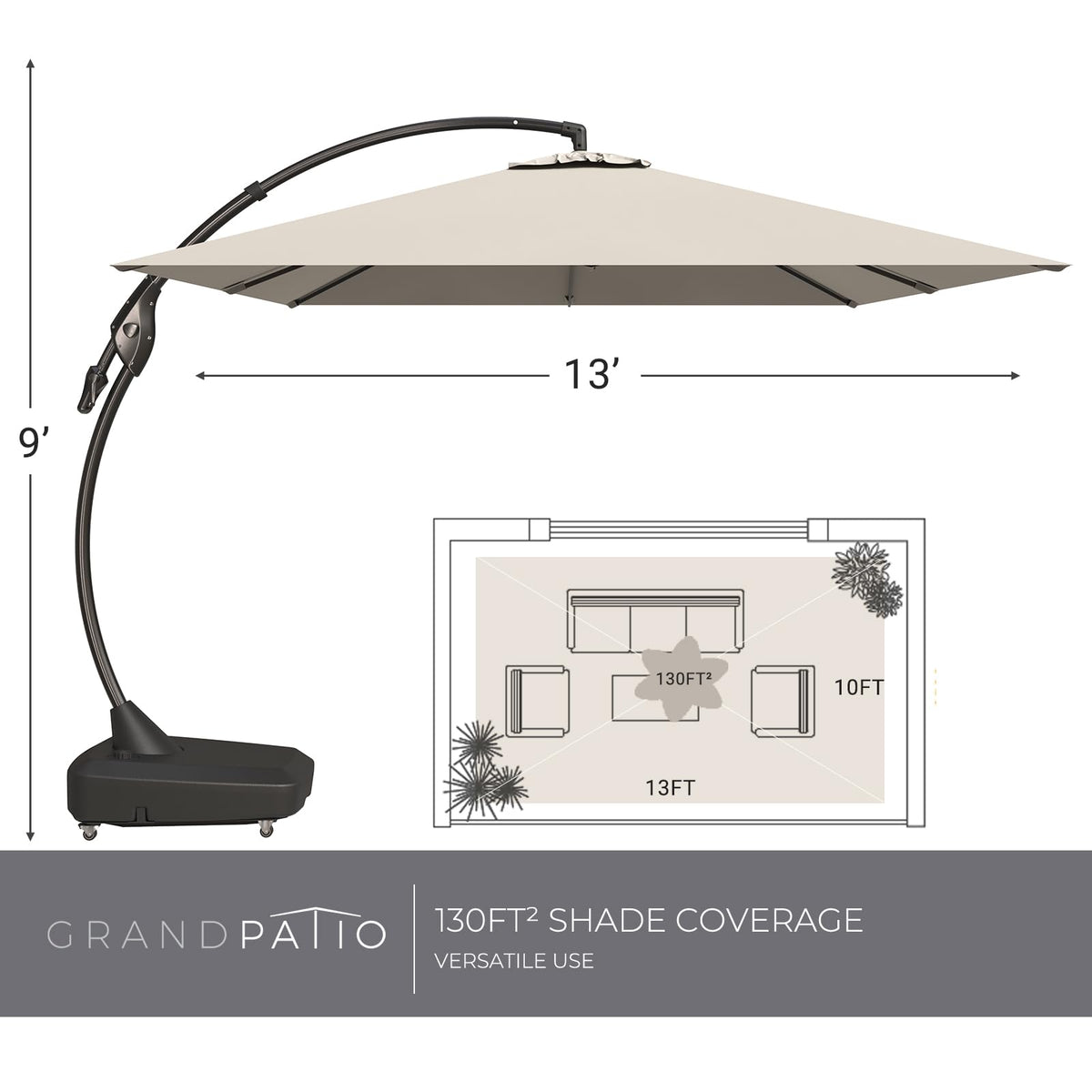 Grand patio Napoli 10x13 FT Rectangular Offset Umbrella, Heavy Duty Aluminum Cantilever Hanging Umbrella, Easy Tilt, All-Weather Canopy, Champagne