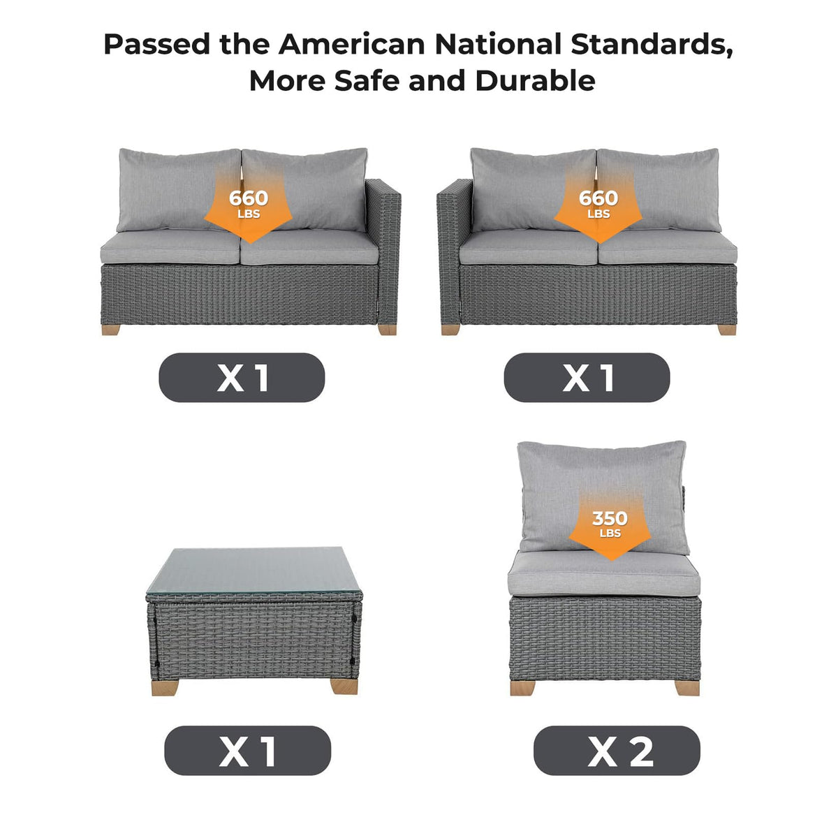 Grand patio 6 Seats Outdoor Conversation Sets with Olefin Cushions, Wicker Modular Sofa Sets with Coffee Table for Backyard Garden Poolside Light Gray