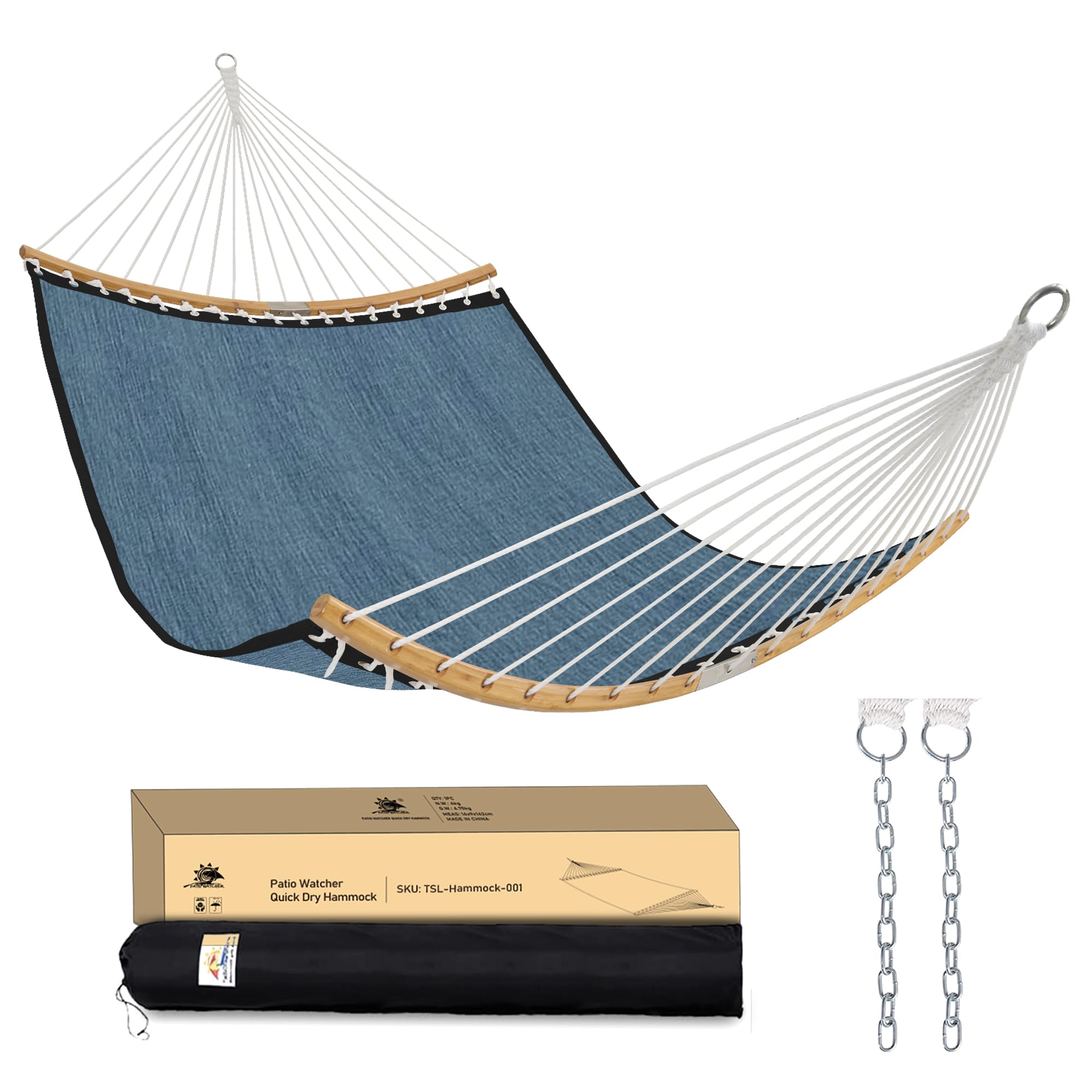 Patio Watcher 14 FT Double Hammock with Curved-Bar Bamboo, Outside Quick Dry Two Person Hammock with Olefin Fabric,Comfortable, Weather-Resistant,450 lbs Capacity, Dark Blue