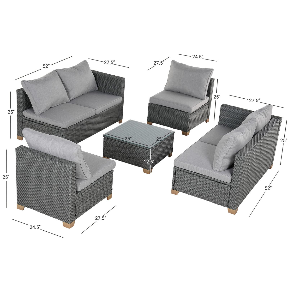 Grand patio 6 Seats Outdoor Conversation Sets with Olefin Cushions, Wicker Modular Sofa Sets with Coffee Table for Backyard Garden Poolside Light Gray