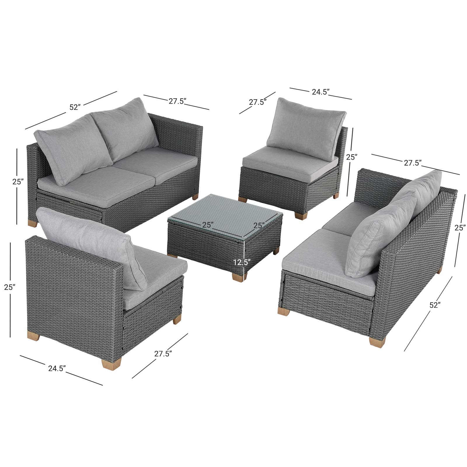 Grand patio 6 Seats Outdoor Conversation Sets with Olefin Cushions, Wicker Modular Sofa Sets with Coffee Table for Backyard Garden Poolside Light Gray