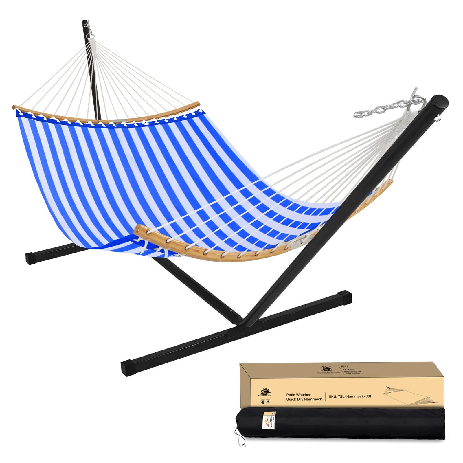Patio Watcher 12 FT Double Quick Dry Hammock with Curved Bamboo Spreader Bar, Outdoor Patio Two Person Hammock with Portable Steel Stand,450 lbs Capacity, Blue White