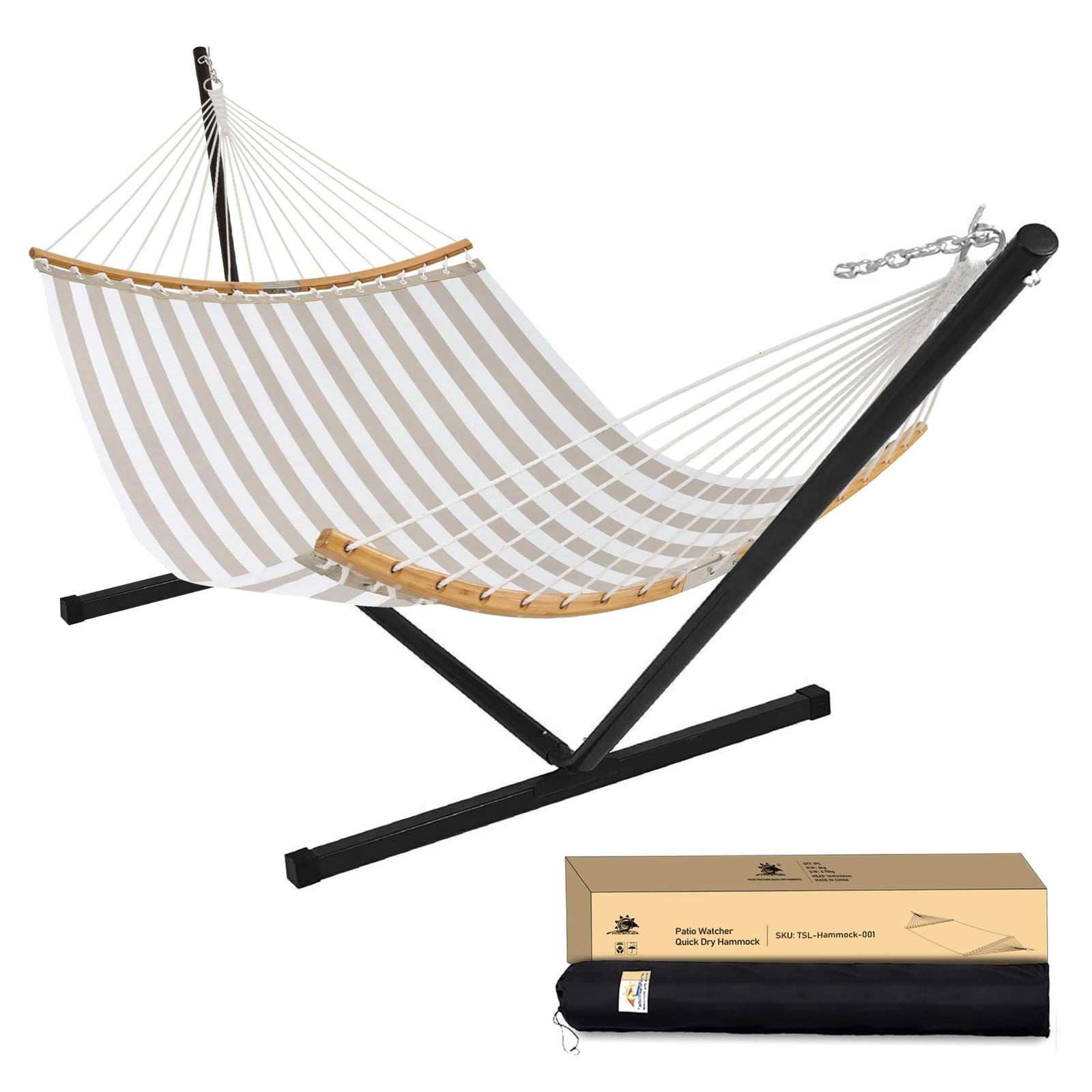 Patio Watcher 12 FT Double Quick Dry Hammock with Curved Bamboo Spreader Bar, Outdoor Patio Two Person Hammock with Portable Steel Stand,450 lbs Capacity, Beige White