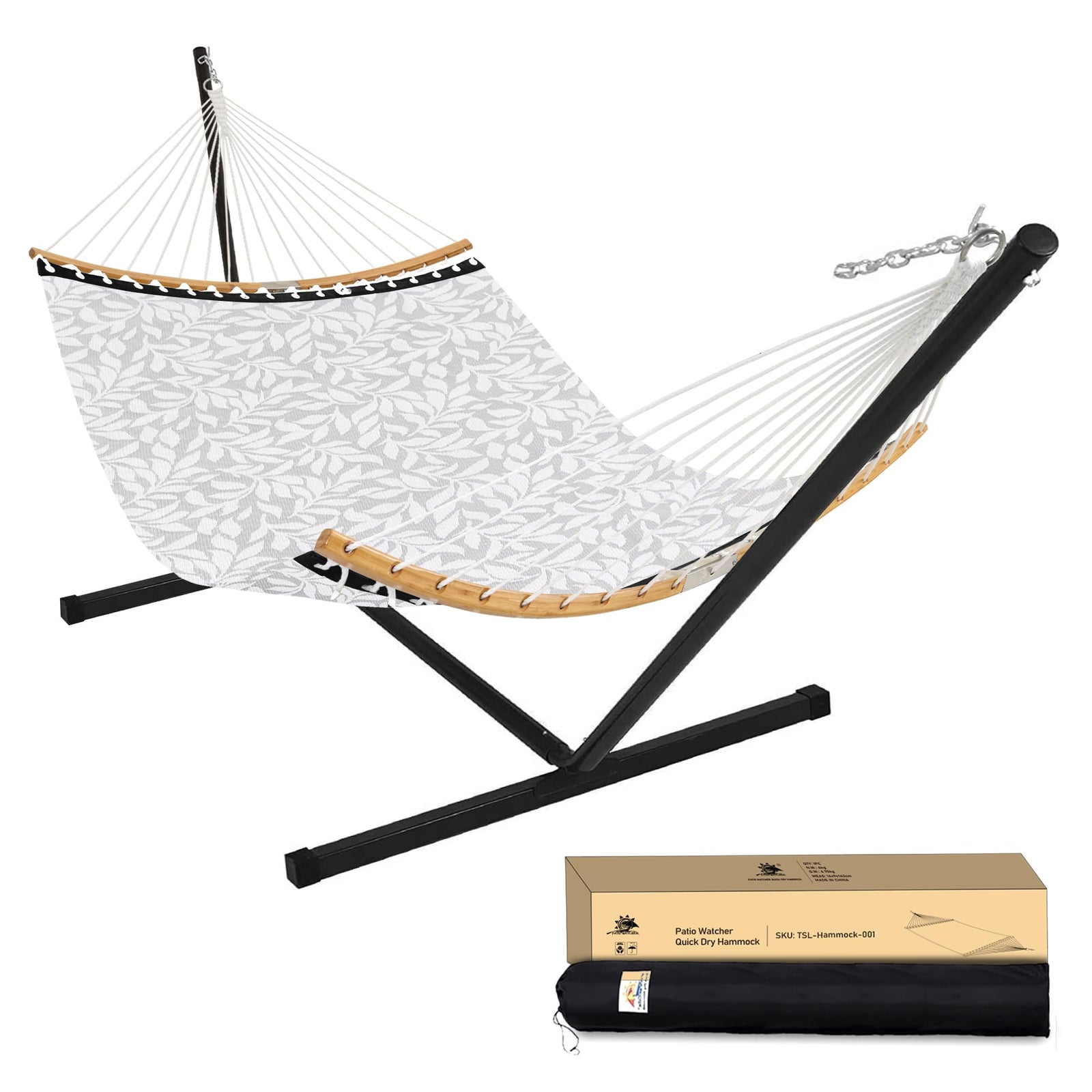 Patio Watcher 12 FT Double Quick Dry Hammock with Curved Bamboo Spreader Bar, Outdoor Patio Two Person Hammock with Portable Steel Stand,450 lbs Capacity, Grey White