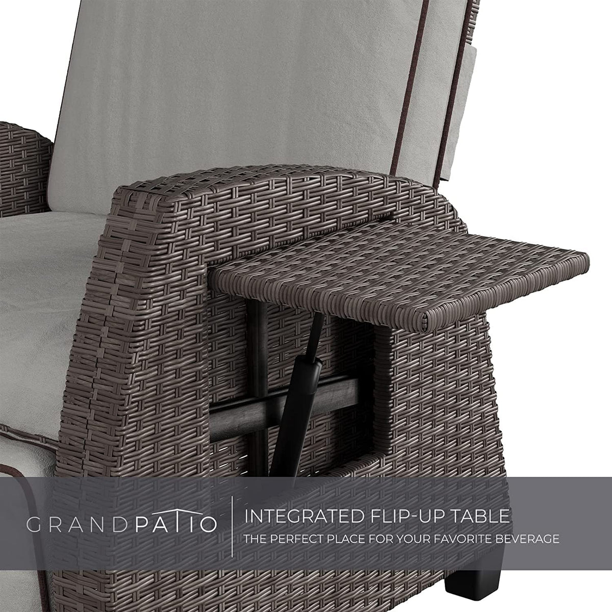 Grand patio Outdoor Recliners Set of 2 Patio Recliner Chair, All-Weather Wicker Lay Flat Reclining Patio Chairs, Flip-up Side Table, Recliner Chair, Griege