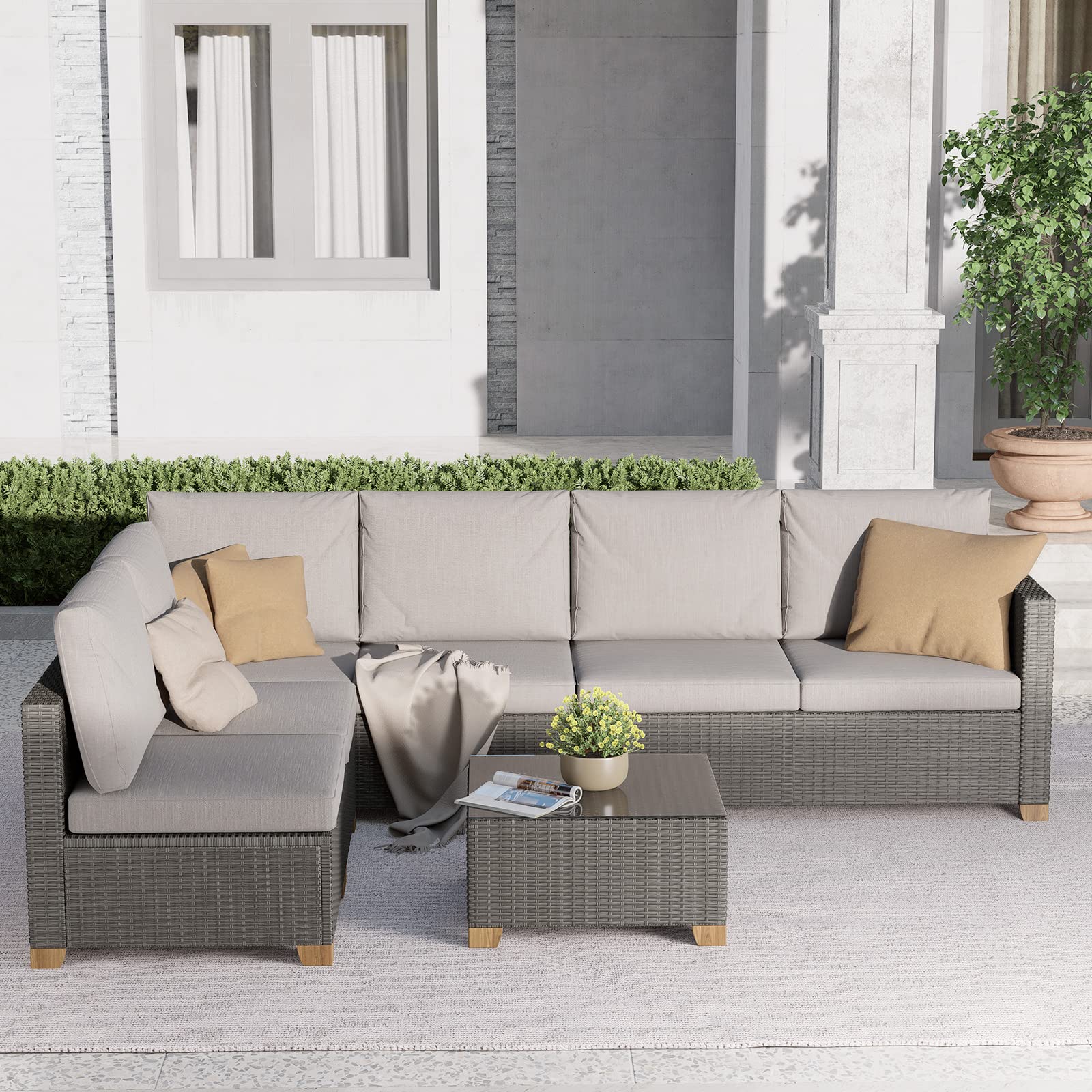 Grand patio 6 Seats Outdoor Conversation Sets with Olefin Cushions, Wicker Modular Sofa Sets with Coffee Table for Backyard Garden Poolside Light Gray