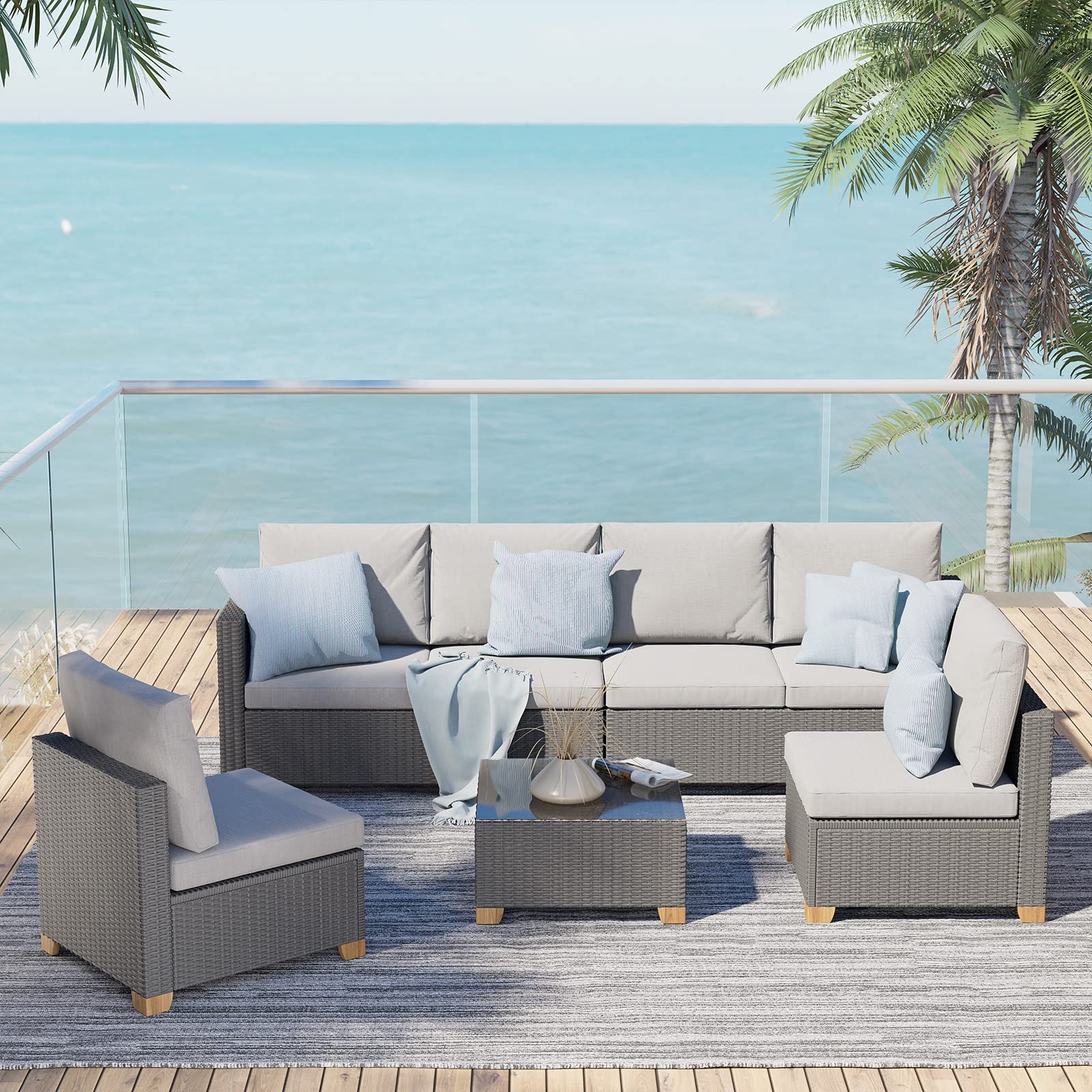 Grand patio 6 Seats Outdoor Conversation Sets with Olefin Cushions, Wicker Modular Sofa Sets with Coffee Table for Backyard Garden Poolside Light Gray