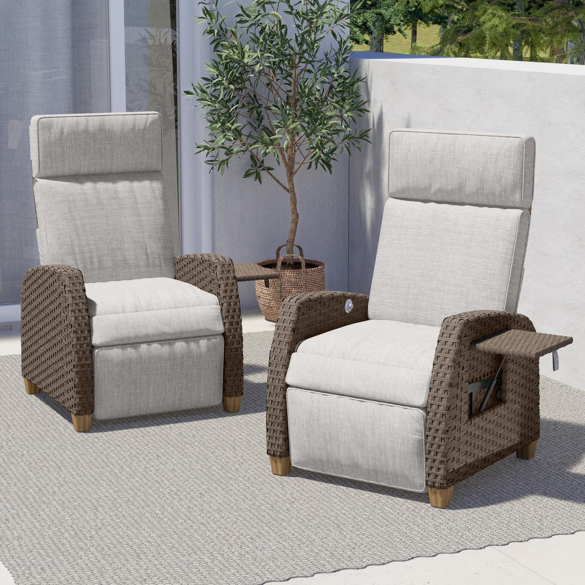 Grand patio Indoor &amp; Outdoor 2-Piece Reclining Chairs with Extended Footrest, PE Wicker, Adjustable Patio Lounge Recliner up to 150°, with Flip Side Table - Mist Grey