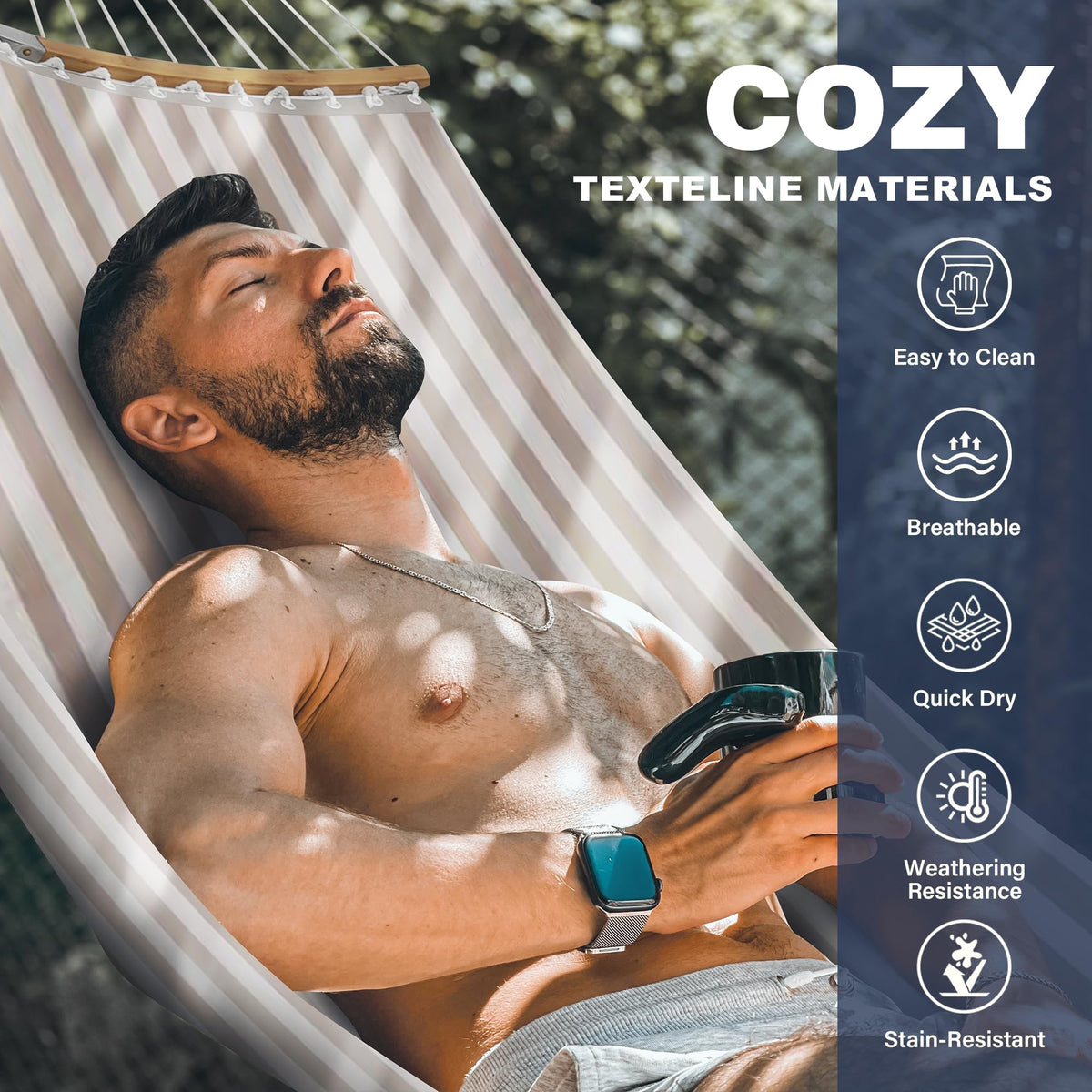 Patio Watcher 12 FT Double Quick Dry Hammock with Curved Bamboo Spreader Bar, Outdoor Patio Two Person Hammock with Portable Steel Stand,450 lbs Capacity, Beige White