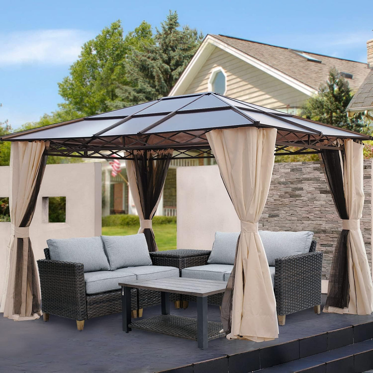 Grand patio 10x12 Gazebo, Hardtop Gazebo, Single Roof Pergolas Metal Aluminum Frame UV 50+ Outdoor Canopy with Mosquito Netting and Curtains, Outdoor Shelter for Garden, Lawn, Backyard