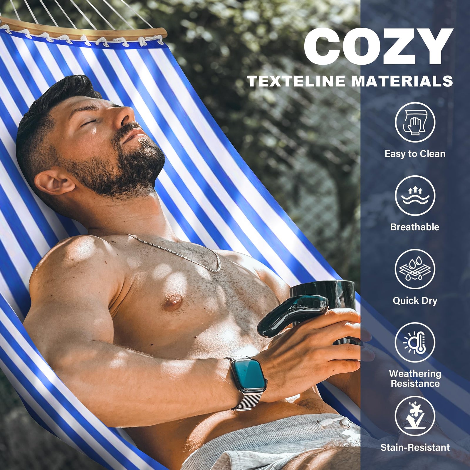 Patio Watcher 12 FT Double Quick Dry Hammock with Curved Bamboo Spreader Bar, Outdoor Patio Two Person Hammock with Portable Steel Stand,450 lbs Capacity, Blue White