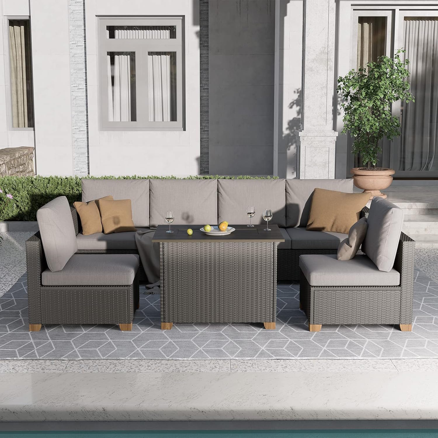 Grand patio 5-Piece Patio Furniture Set, Wicker Outdoor Furniture Set with Fire Pit Table,Modular Sectional Sofa Sets with Olefin Cushions for Backyard Garden Poolside Patio(Greige)