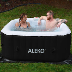 ALEKO 4 Person Black and White 160 Gallon Square Inflatable Jetted Hot Tub with Cover - Purely Relaxation