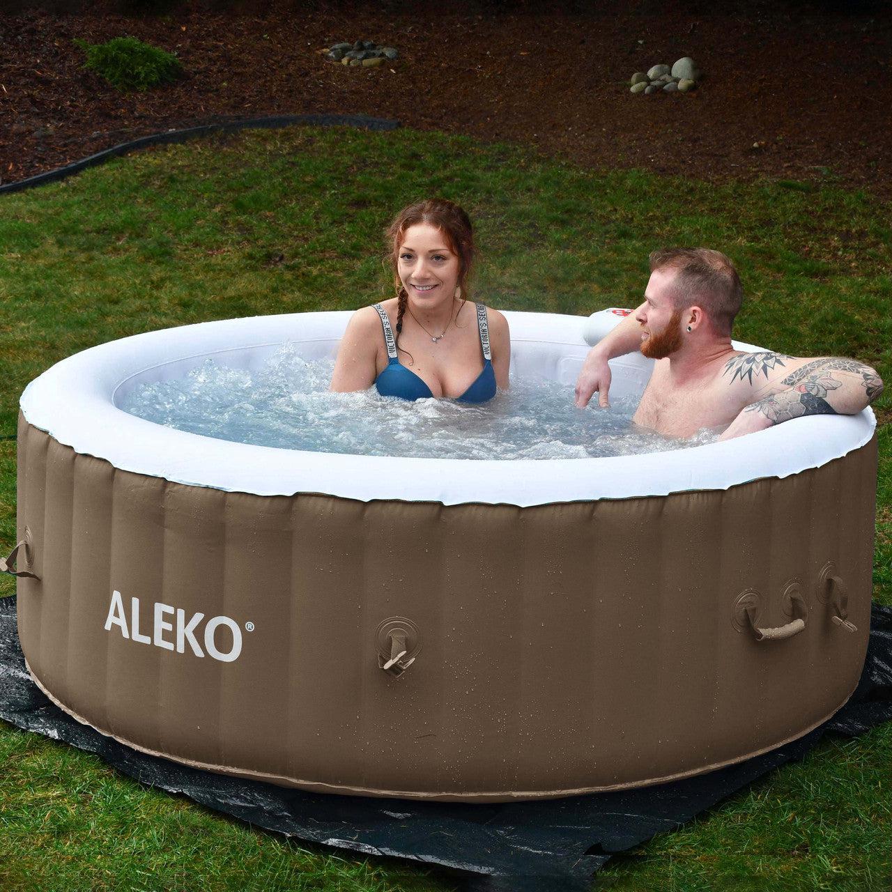 ALEKO 4 Person Brown and White 210 Gallon Round Inflatable Jetted Hot Tub with Cover - Purely Relaxation