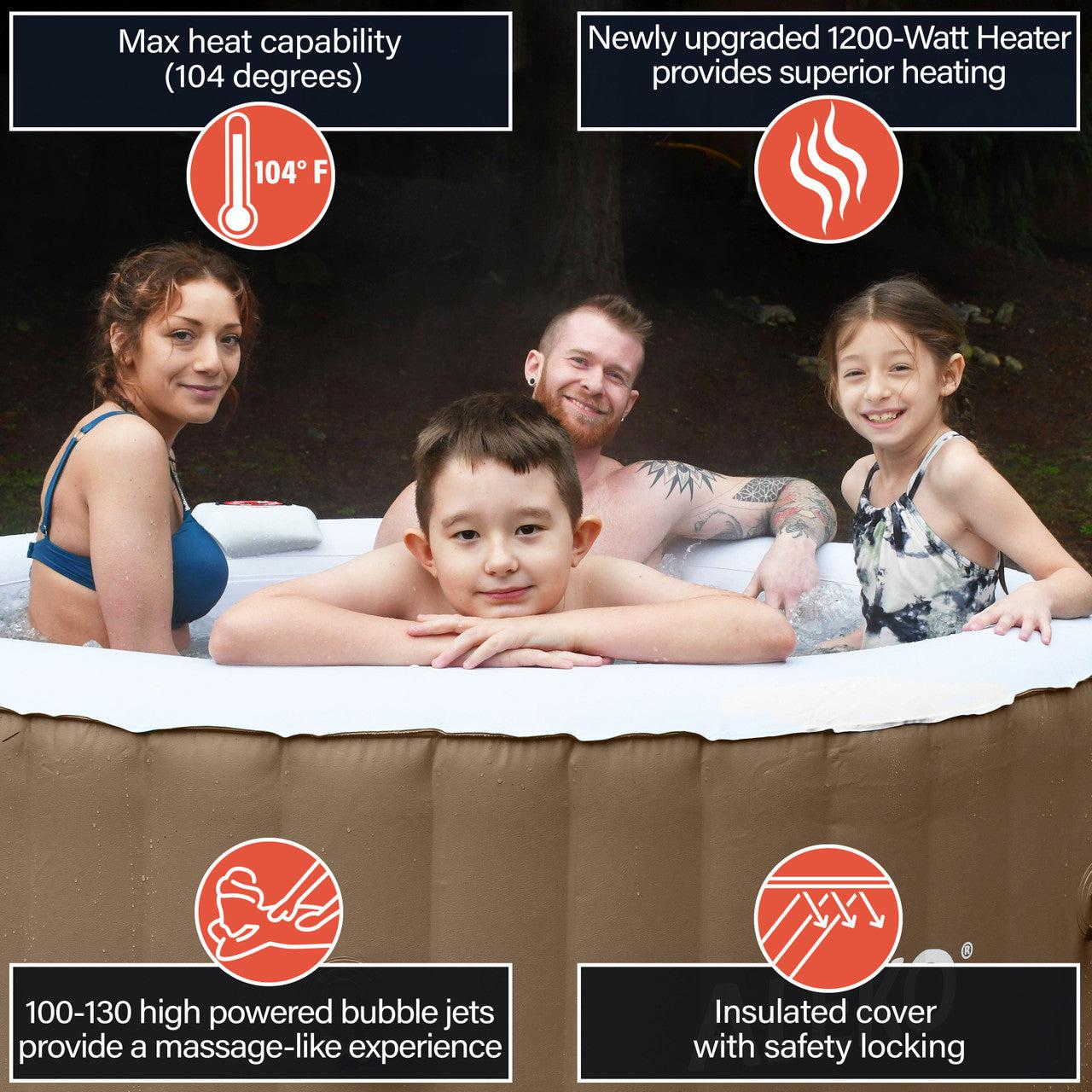 ALEKO 4 Person Brown and White 210 Gallon Round Inflatable Jetted Hot Tub with Cover - Purely Relaxation