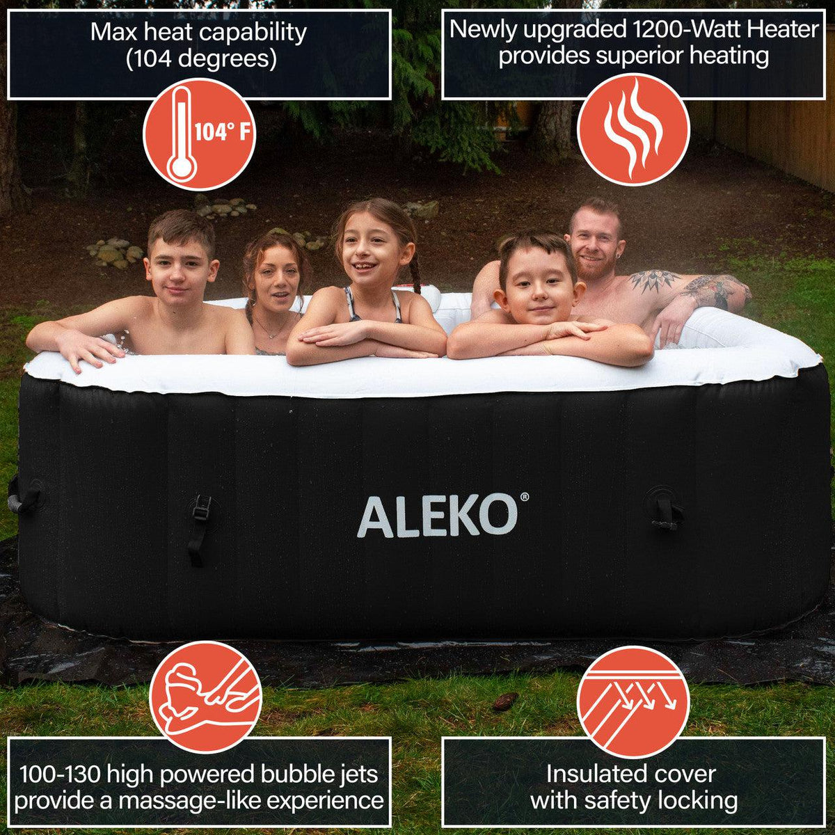 ALEKO 6 Person Black and White 250 Gallon Square Inflatable Jetted Hot Tub with Cover - Purely Relaxation