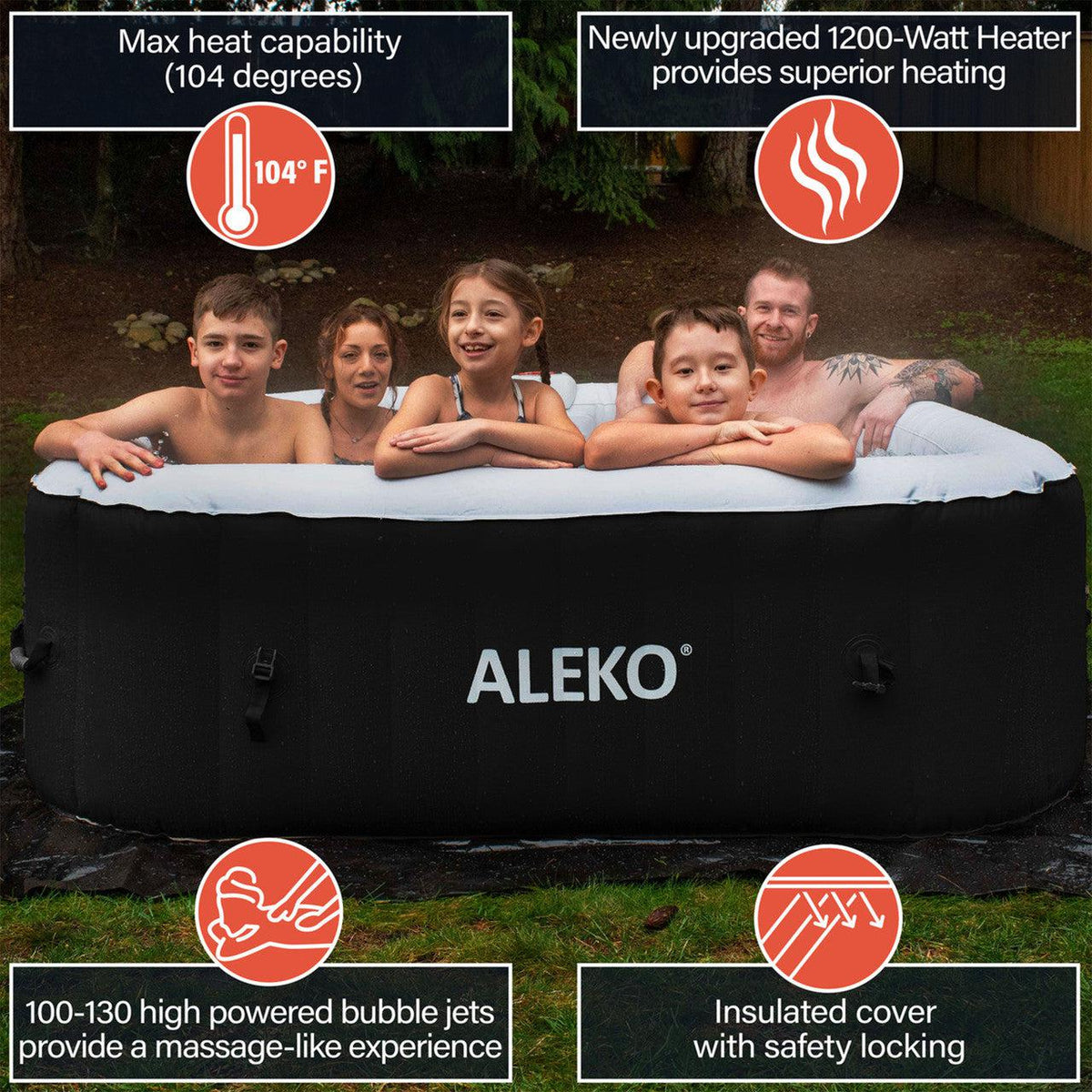 ALEKO 6 Person Black and White 265 Gallon Square Inflatable Jetted Hot Tub with Cover - Purely Relaxation