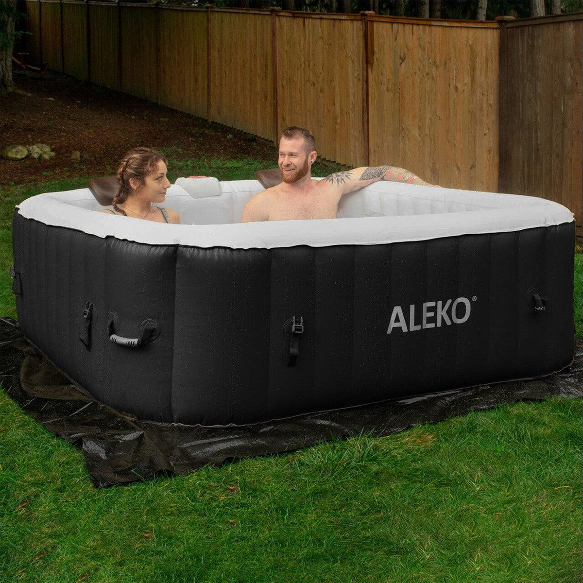 ALEKO 6 Person Black and White 265 Gallon Square Inflatable Jetted Hot Tub with Cover - Purely Relaxation