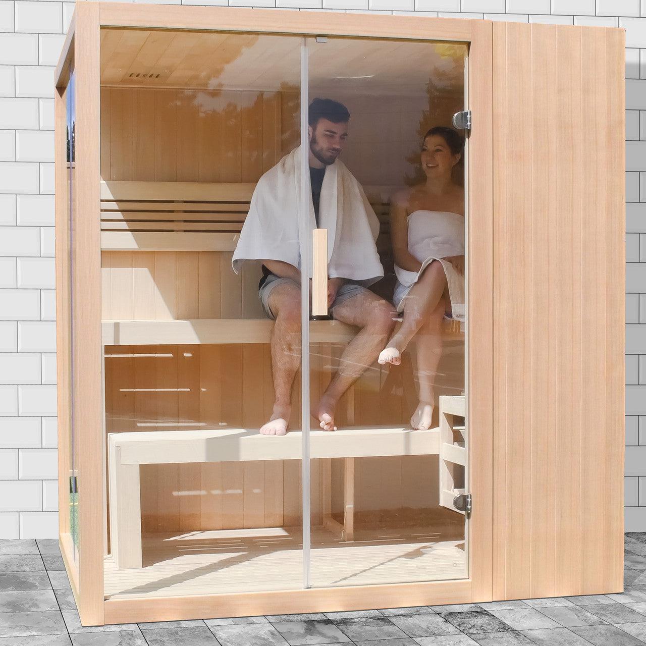 ALEKO Canadian Hemlock Indoor 4 Person Wet Dry Sauna with LED Lights - Heater Included - STHE4INNY-AP - Purely Relaxation