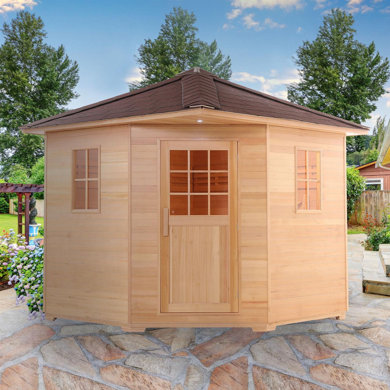 ALEKO Canadian Hemlock Wet Dry Outdoor 5 Person Sauna with Asphalt Roof With Heater - SKD5HEM-AP - Purely Relaxation