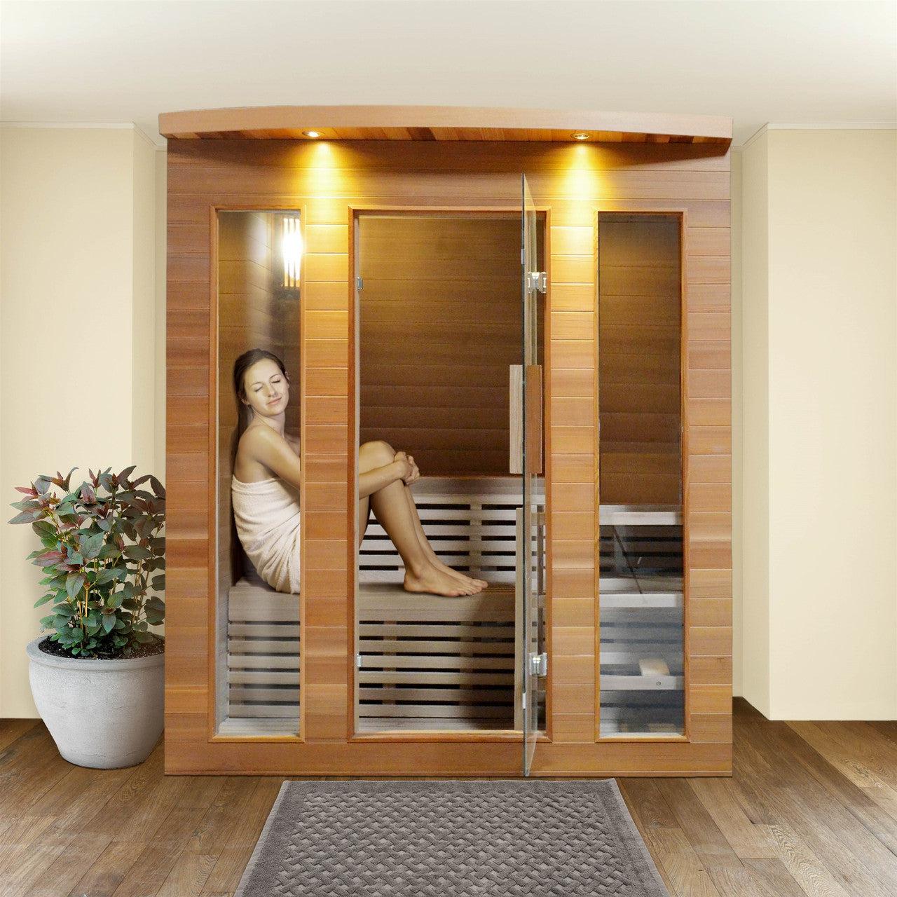 ALEKO Clear Door Cedar Indoor Wet Dry 5 Person Sauna with Exterior Lights Included Heater - STCE5EDEN-AP - Purely Relaxation