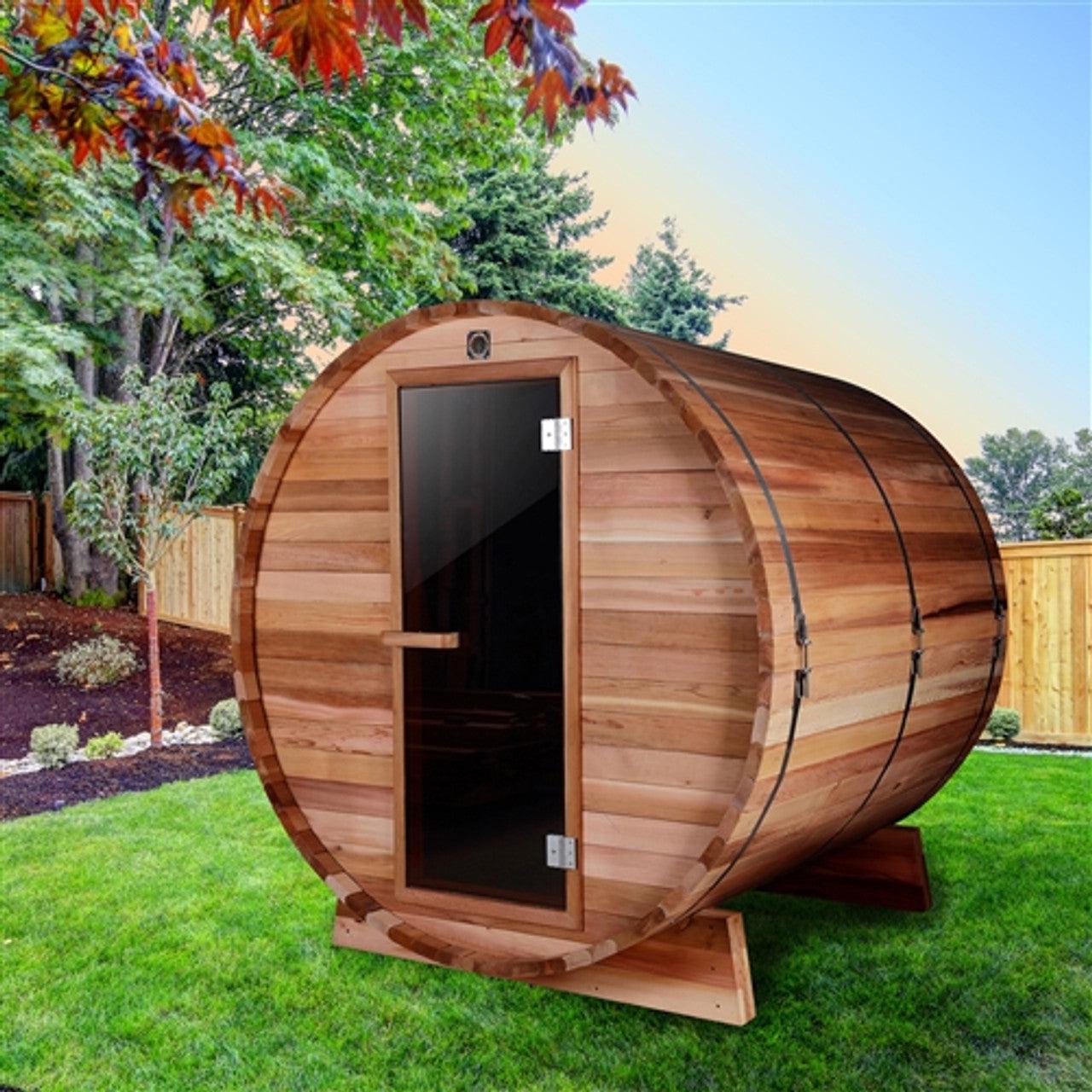 ALEKO Outdoor and Indoor 4 Person Rustic Western Red Cedar Barrel Sauna With Heater - SB4CEDAR-AP - Purely Relaxation