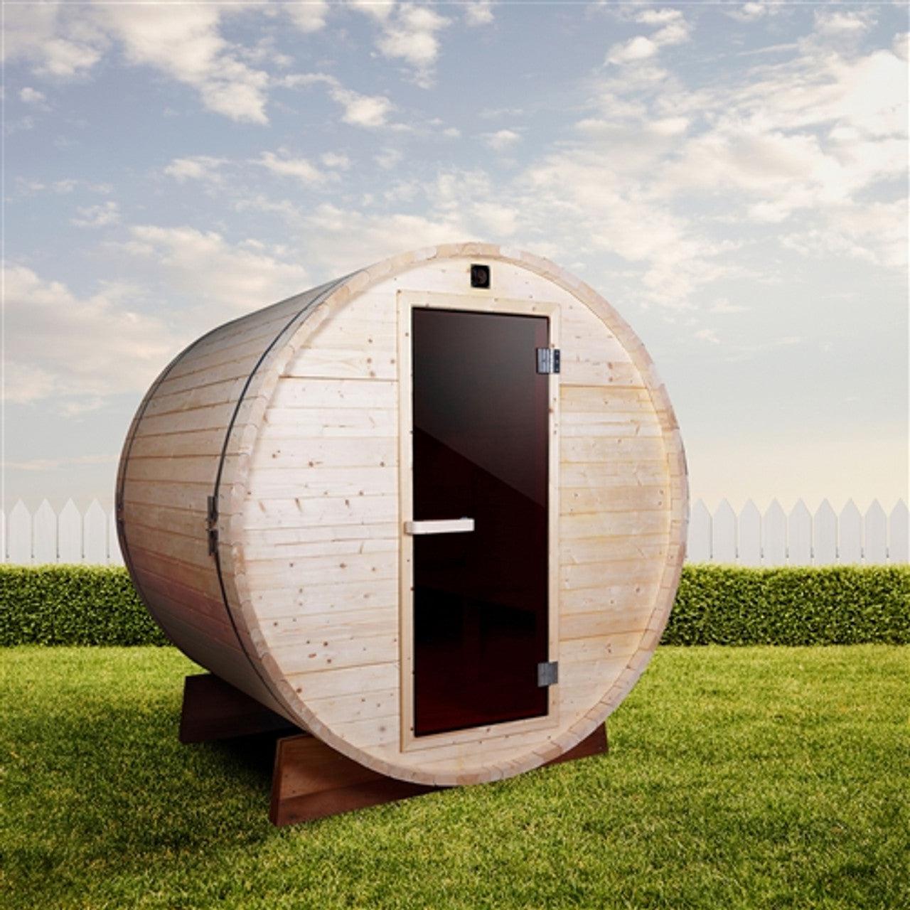 ALEKO Outdoor and Indoor White Pine 4 Person Barrel Sauna With Heater -SB4PINE-AP - Purely Relaxation