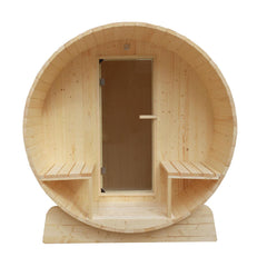 ALEKO Outdoor or Indoor 5 Person White Finland Pine Wet Dry Barrel Sauna With Front Porch Canopy - With Heater - SB5PINECP-AP - Purely Relaxation