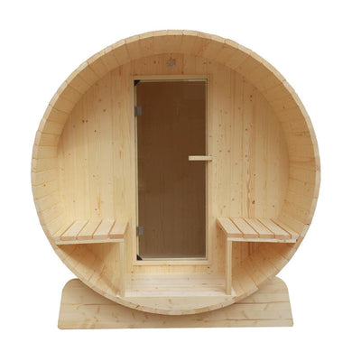ALEKO Outdoor or Indoor 5 Person White Finland Pine Wet Dry Barrel Sauna With Front Porch Canopy - With Heater - SB5PINECP-AP - Purely Relaxation