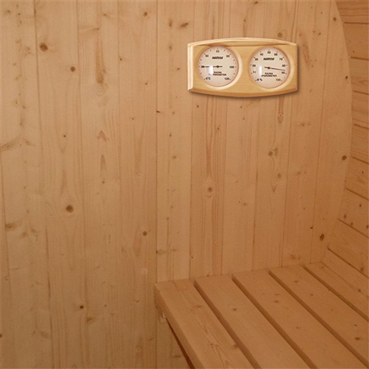 ALEKO Outdoor or Indoor 5 Person White Finland Pine Wet Dry Barrel Sauna With Front Porch Canopy - With Heater - SB5PINECP-AP - Purely Relaxation
