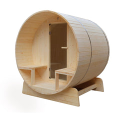 ALEKO Outdoor or Indoor 5 Person White Finland Pine Wet Dry Barrel Sauna With Front Porch Canopy - With Heater - SB5PINECP-AP - Purely Relaxation