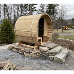 ALEKO Outdoor or Indoor 5 Person White Finland Pine Wet Dry Barrel Sauna With Front Porch Canopy - With Heater - SB5PINECP-AP - Purely Relaxation