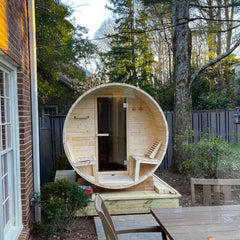 ALEKO Outdoor or Indoor 5 Person White Finland Pine Wet Dry Barrel Sauna With Front Porch Canopy - With Heater - SB5PINECP-AP - Purely Relaxation