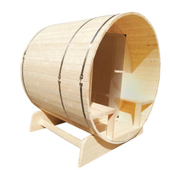 ALEKO Outdoor or Indoor 5 Person White Finland Pine Wet Dry Barrel Sauna With Front Porch Canopy - With Heater - SB5PINECP-AP - Purely Relaxation