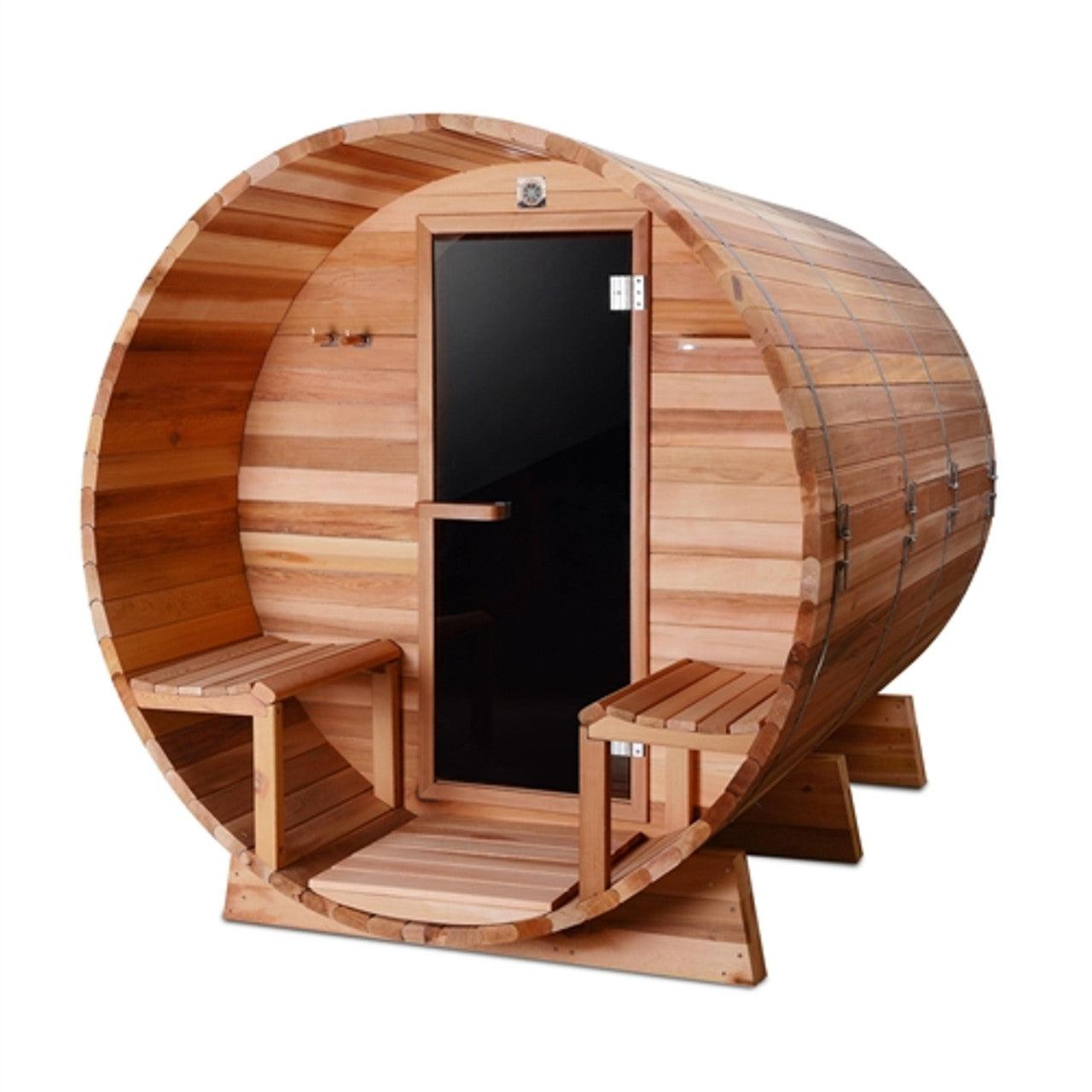 ALEKO Outdoor or Indoor Western Red Cedar 8 Person Wet Dry Barrel Sauna With Front Porch Canopy - With Heater - SB8CEDARCP-AP - Purely Relaxation