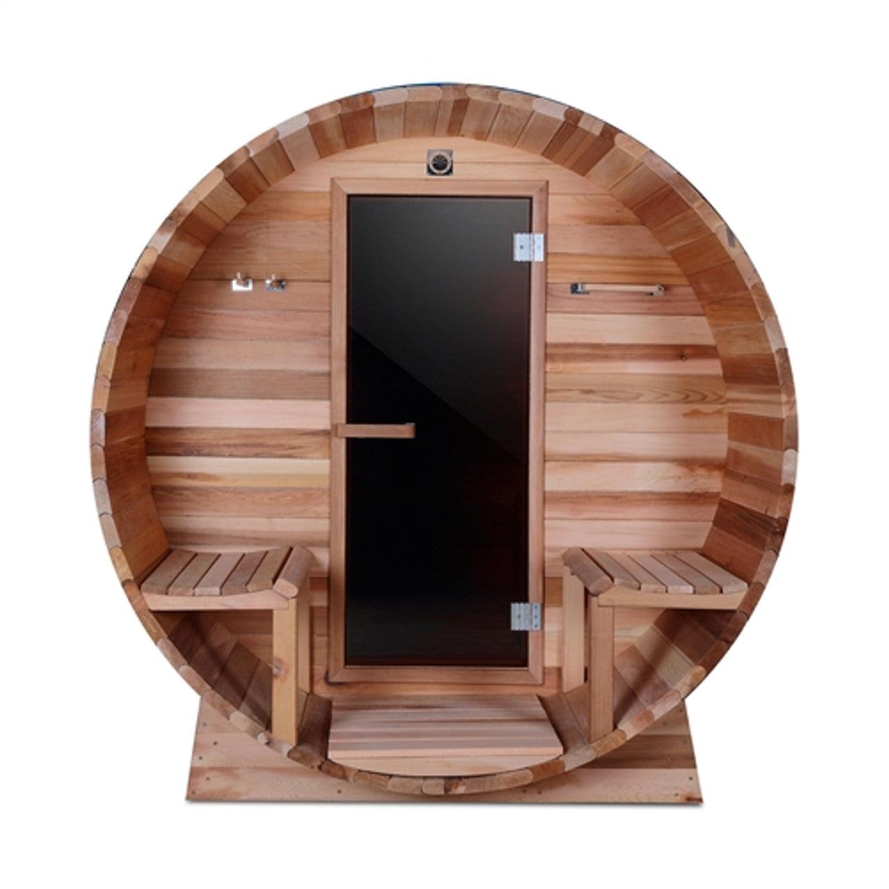 ALEKO Outdoor or Indoor Western Red Cedar 8 Person Wet Dry Barrel Sauna With Front Porch Canopy - With Heater - SB8CEDARCP-AP - Purely Relaxation