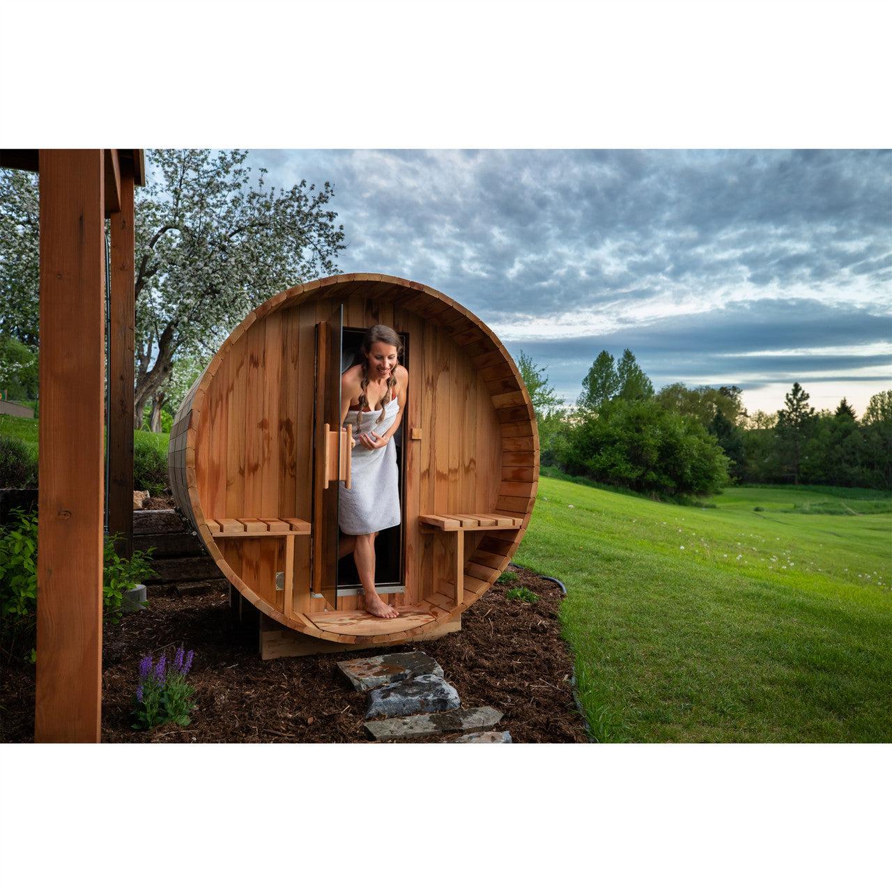 ALEKO Outdoor or Indoor Western Red Cedar 8 Person Wet Dry Barrel Sauna With Front Porch Canopy - With Heater - SB8CEDARCP-AP - Purely Relaxation