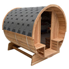 ALEKO Outdoor Rustic Cedar 4 Person Barrel Steam Sauna With Heater - Front Porch Canopy -SB4CED-AP - Purely Relaxation