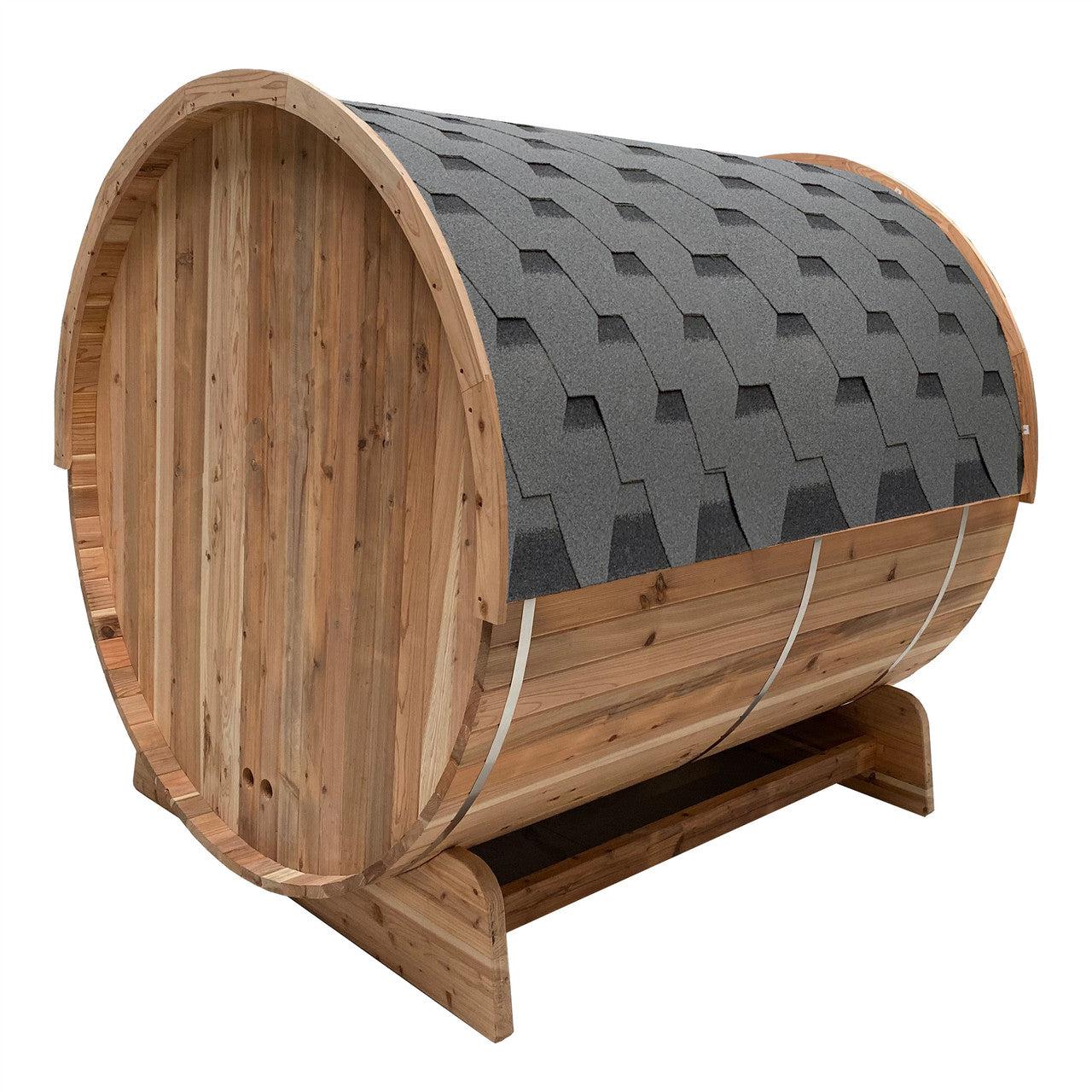 ALEKO Outdoor Rustic Cedar 4 Person Barrel Steam Sauna With Heater - Front Porch Canopy -SB4CED-AP - Purely Relaxation