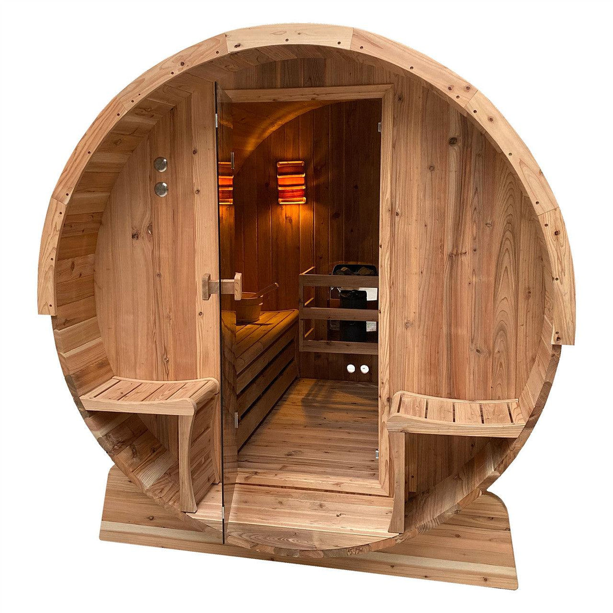 ALEKO Outdoor Rustic Cedar 4 Person Barrel Steam Sauna With Heater - Front Porch Canopy -SB4CED-AP - Purely Relaxation