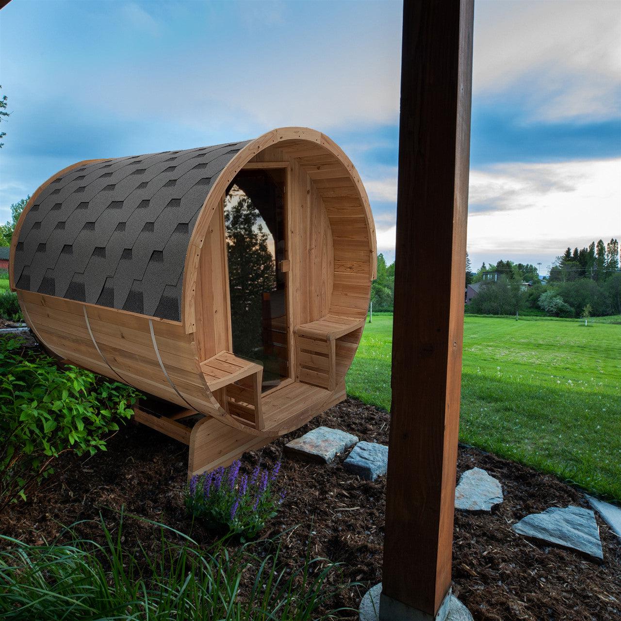 ALEKO Outdoor Rustic Cedar 4 Person Barrel Steam Sauna With Heater - Front Porch Canopy -SB4CED-AP - Purely Relaxation