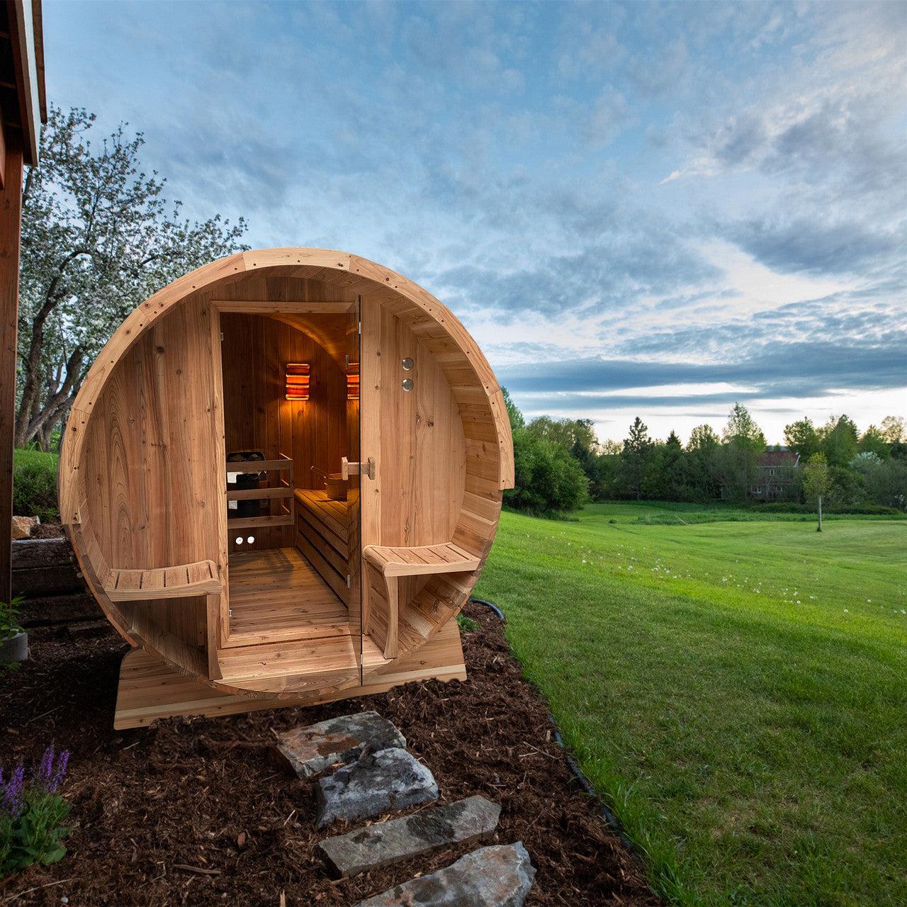 ALEKO Outdoor Rustic Cedar 4 Person Barrel Steam Sauna With Heater - Front Porch Canopy -SB4CED-AP - Purely Relaxation