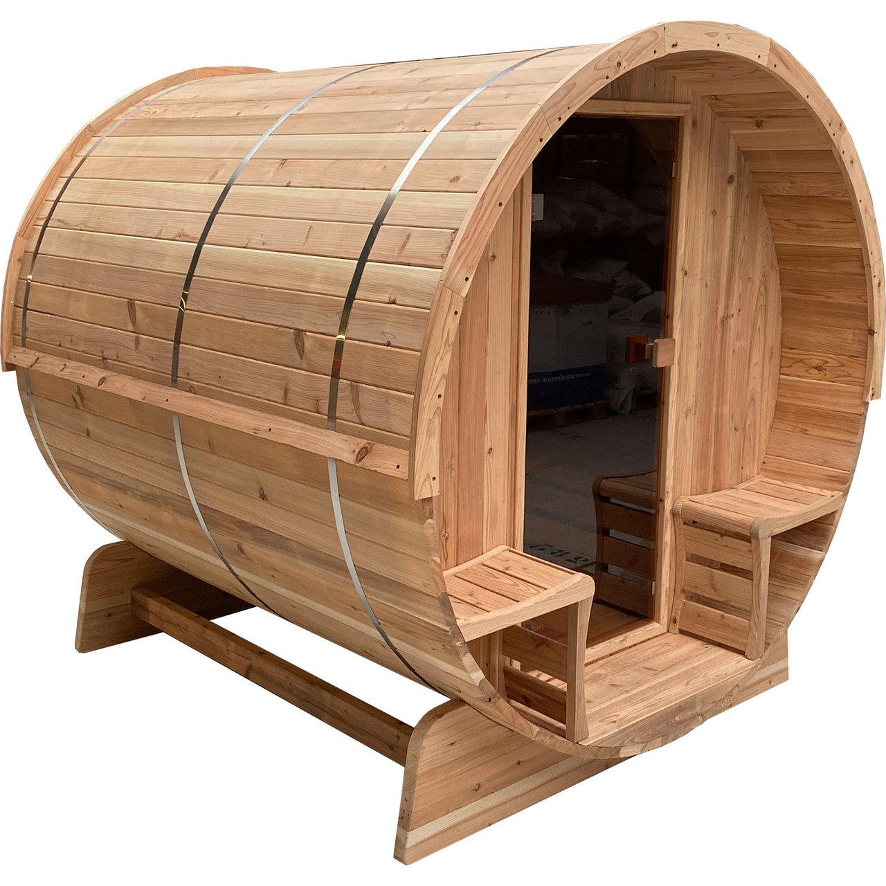 ALEKO Outdoor Rustic Cedar 4 Person Barrel Steam Sauna With Heater - Front Porch Canopy -SB4CED-AP - Purely Relaxation